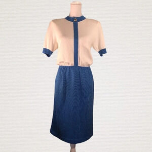 Vintage SCHRADER KNIT Sz ? Blue & Cream Dress